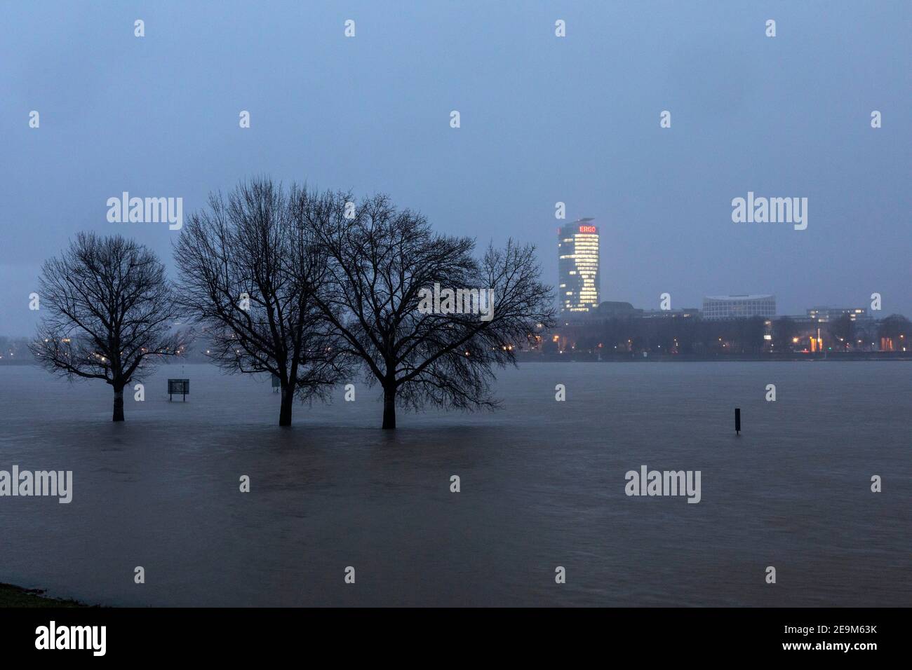 Flood on the Rhine in Dusseldorf, view of the downtown skyline Stock