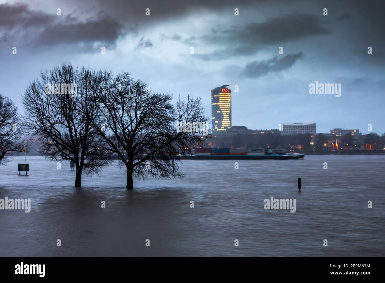 Flood on the Rhine in Dusseldorf, view of the downtown skyline Stock