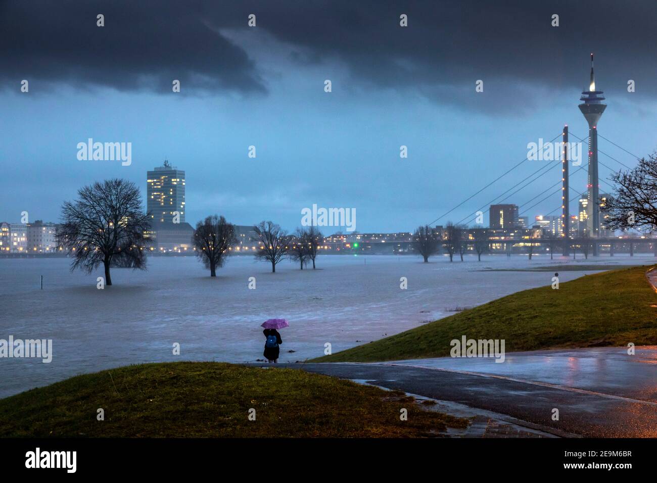 Flood on the Rhine in Dusseldorf, view of the downtown skyline Stock