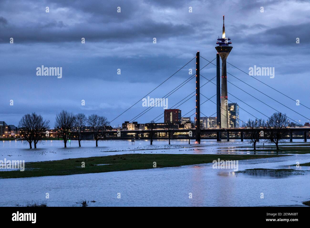 Flood on the Rhine in Dusseldorf, view of the downtown skyline Stock