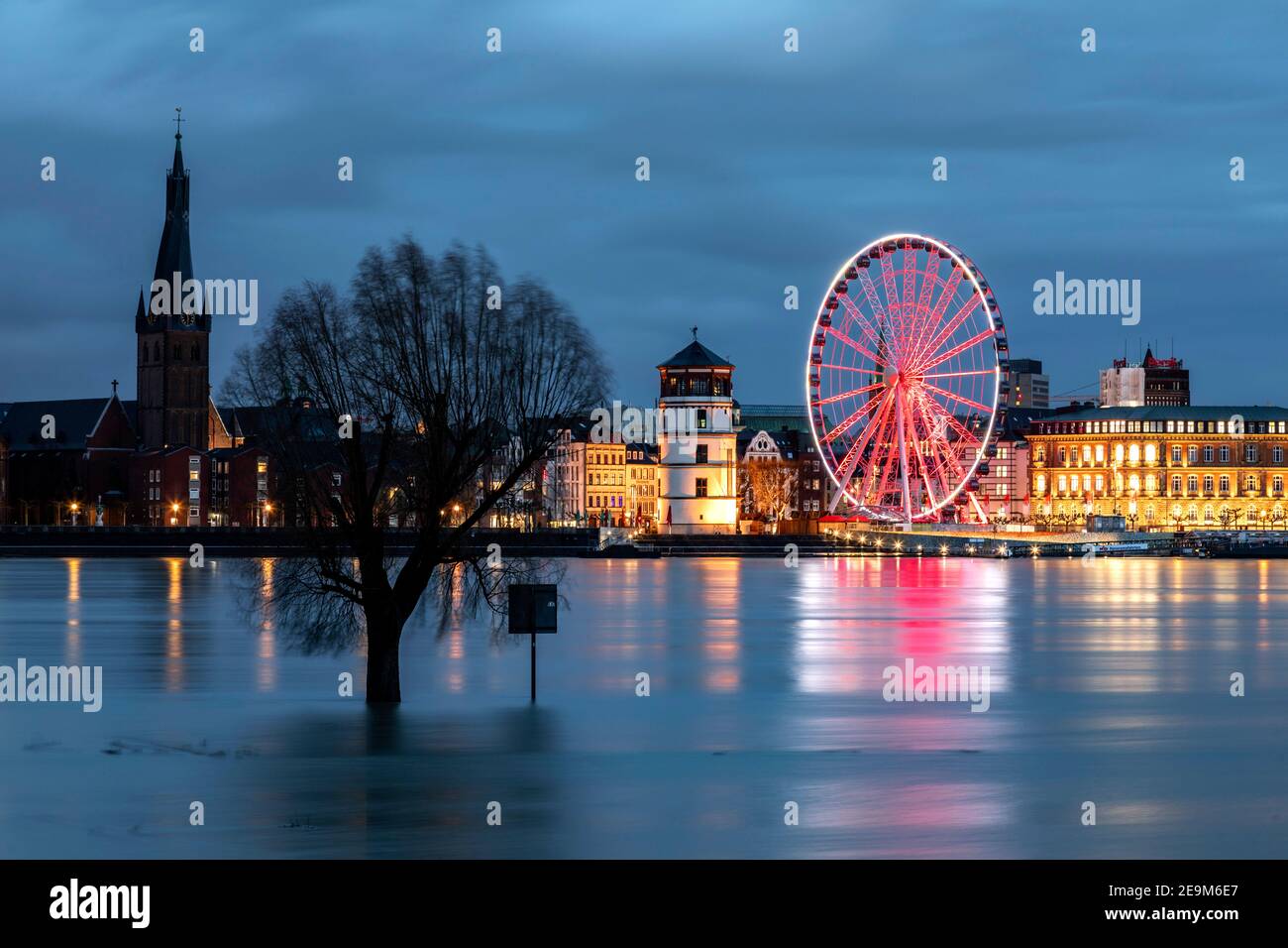 Flood on the Rhine in Dusseldorf, view of the downtown skyline Stock