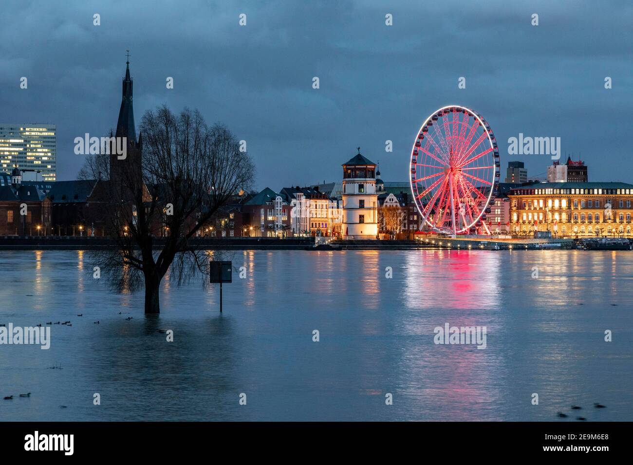 Flood on the Rhine in Dusseldorf, view of the downtown skyline Stock