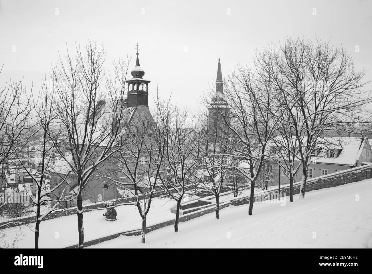 Bratislava - St. Nicholas church and Cathedral in the snowfall. Stock Photo