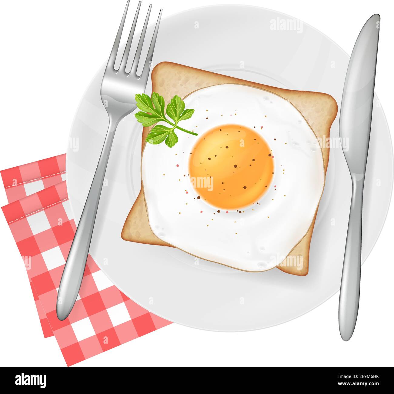 Fried egg on a toast, served on a white plate with fork and knife. Vector illustration. Stock Vector