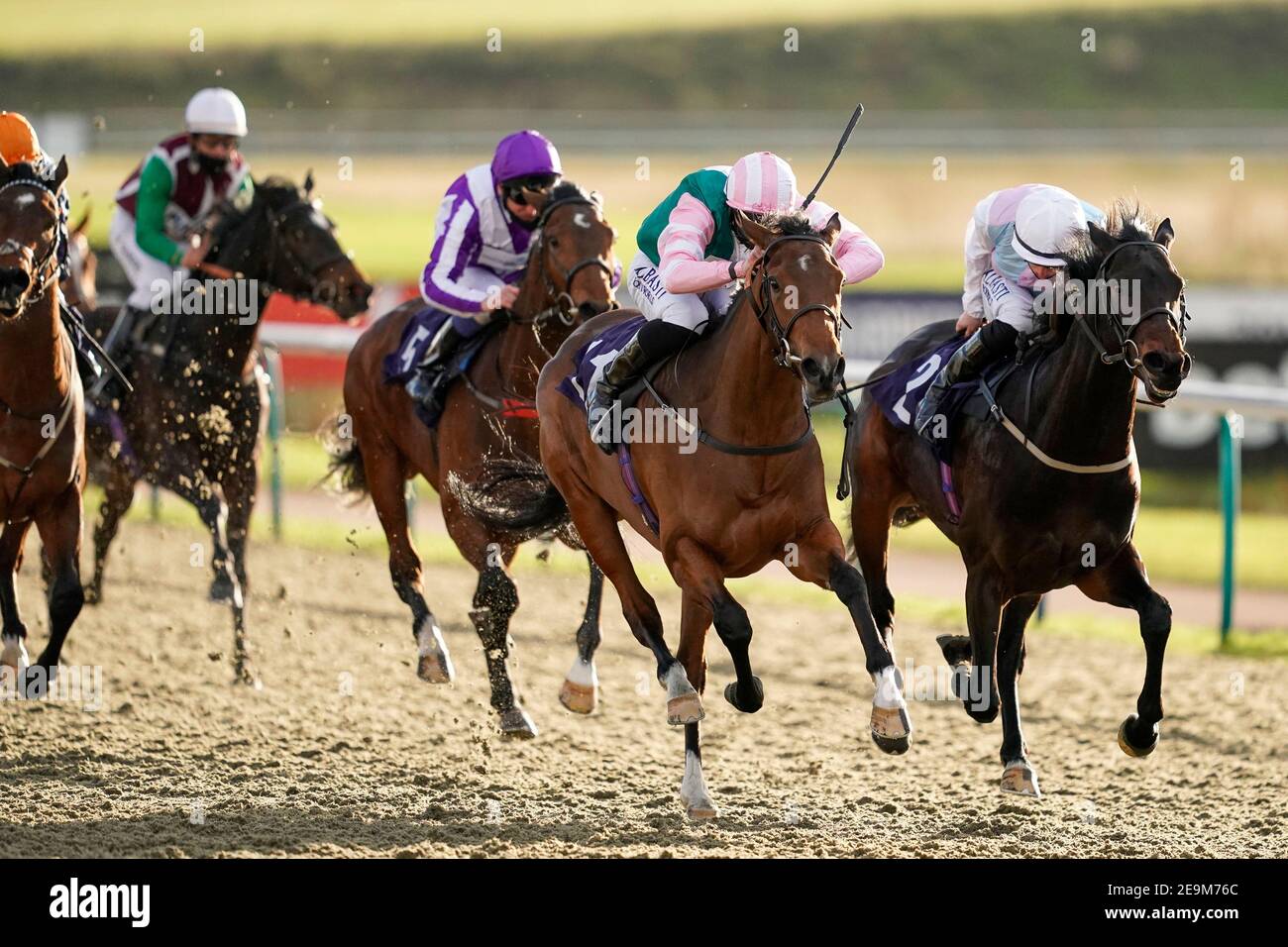 Swallowdale ridden by jockey Jack Mitchell (centre) win The Get Your Ladbrokes Daily Odds Boost Novice Median Auction Stakes at Lingfield Racecourse. Picture date: Friday February 5, 2021. Stock Photo