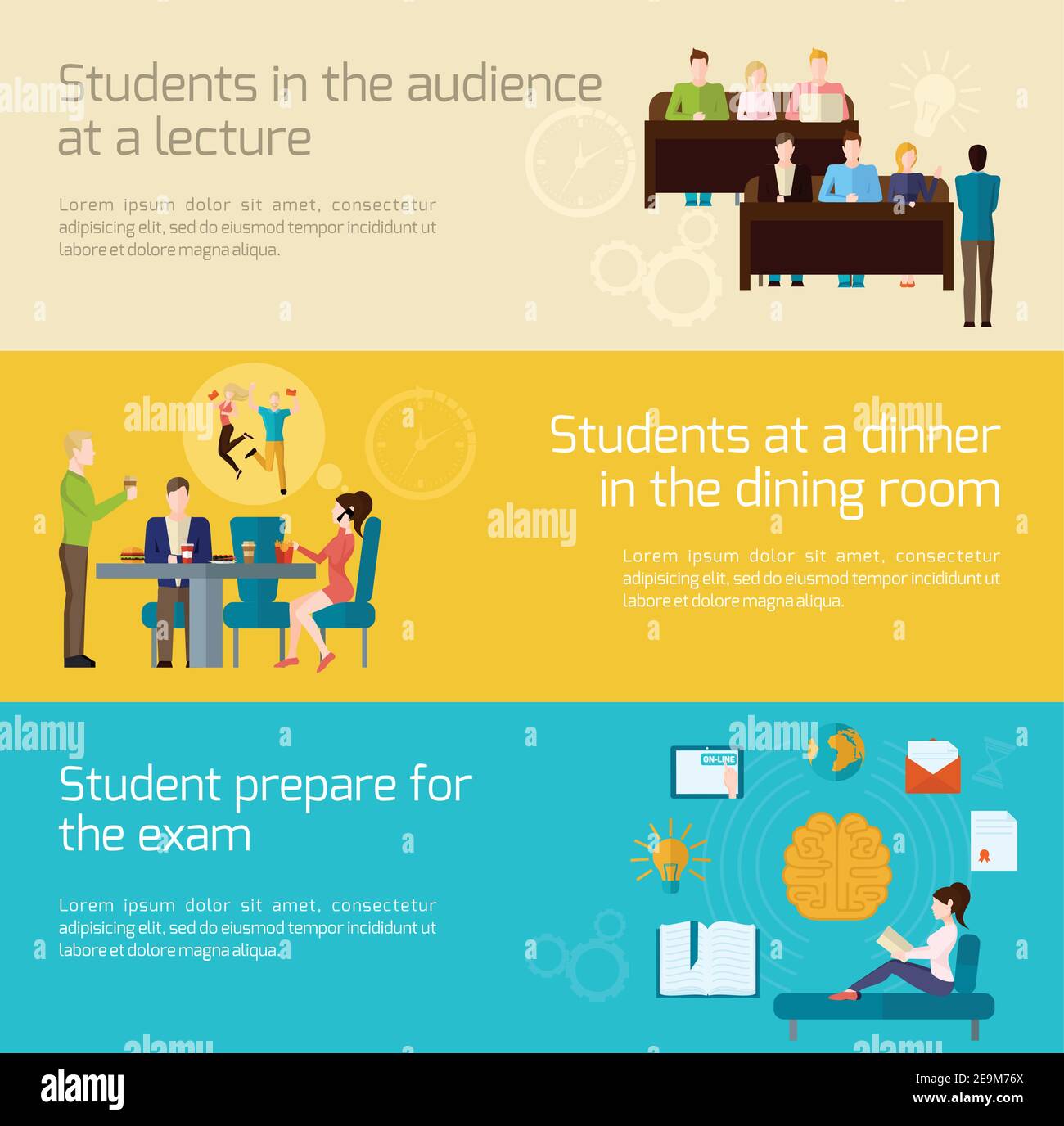 Students horizontal banner set with lecture audience dining and exam ...