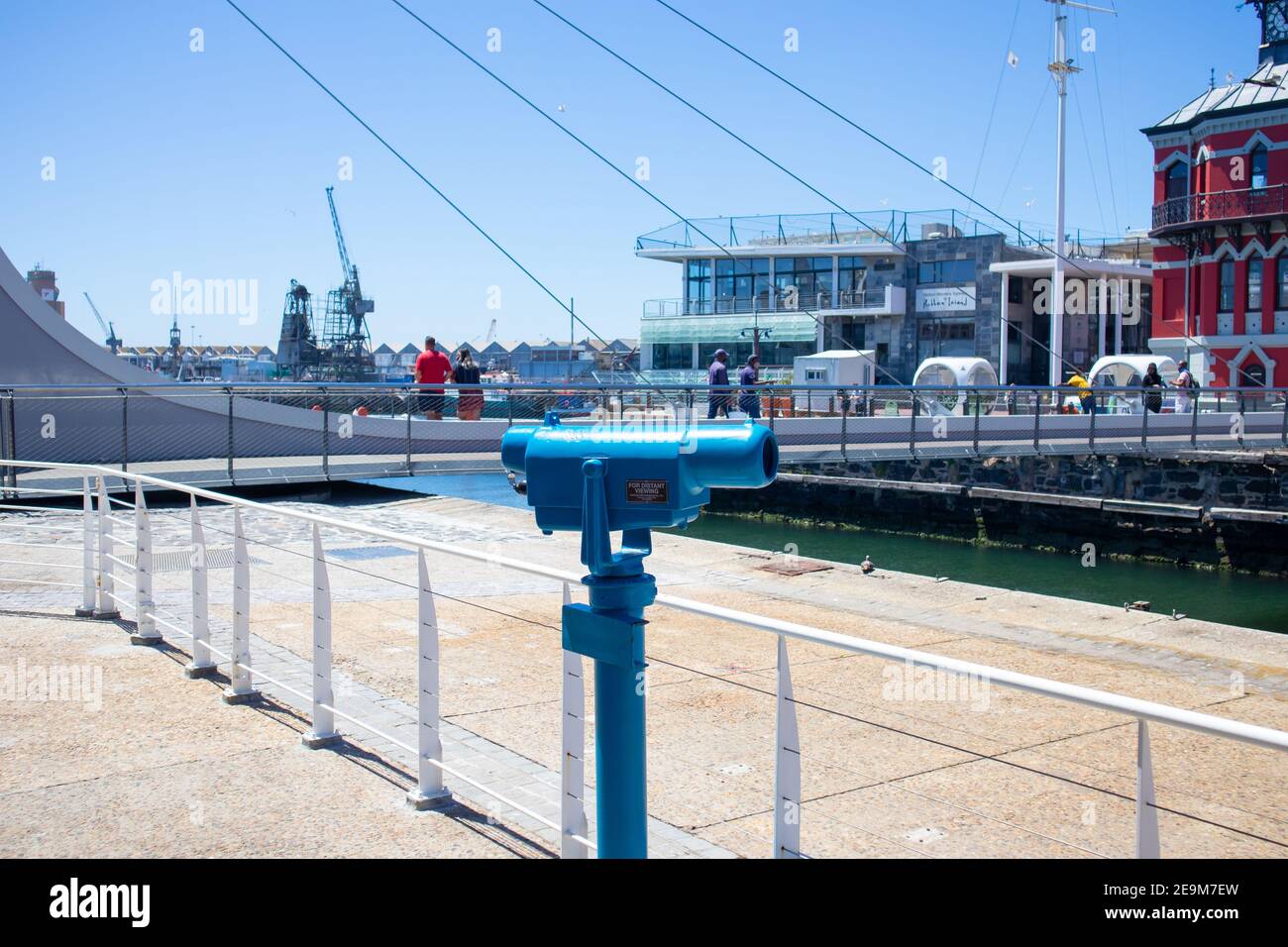 Waterfront- Cape Town, South Africa - 03-02-2021 Side view of blue, coin operated lookout scope. Standing outside of the Waterfront. Stock Photo