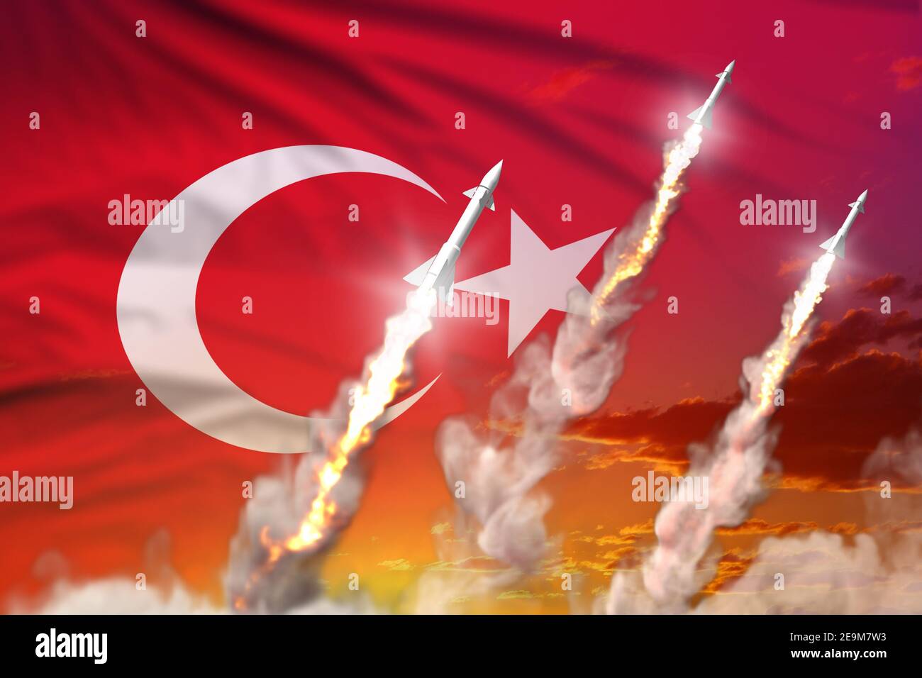 Turkey ballistic missile launch - modern strategic nuclear rocket weapons concept on sunset background, military industrial 3D illustration with flag Stock Photo