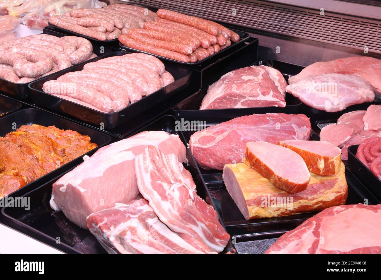 Variety of fine meat products in the butchery Stock Photo Alamy