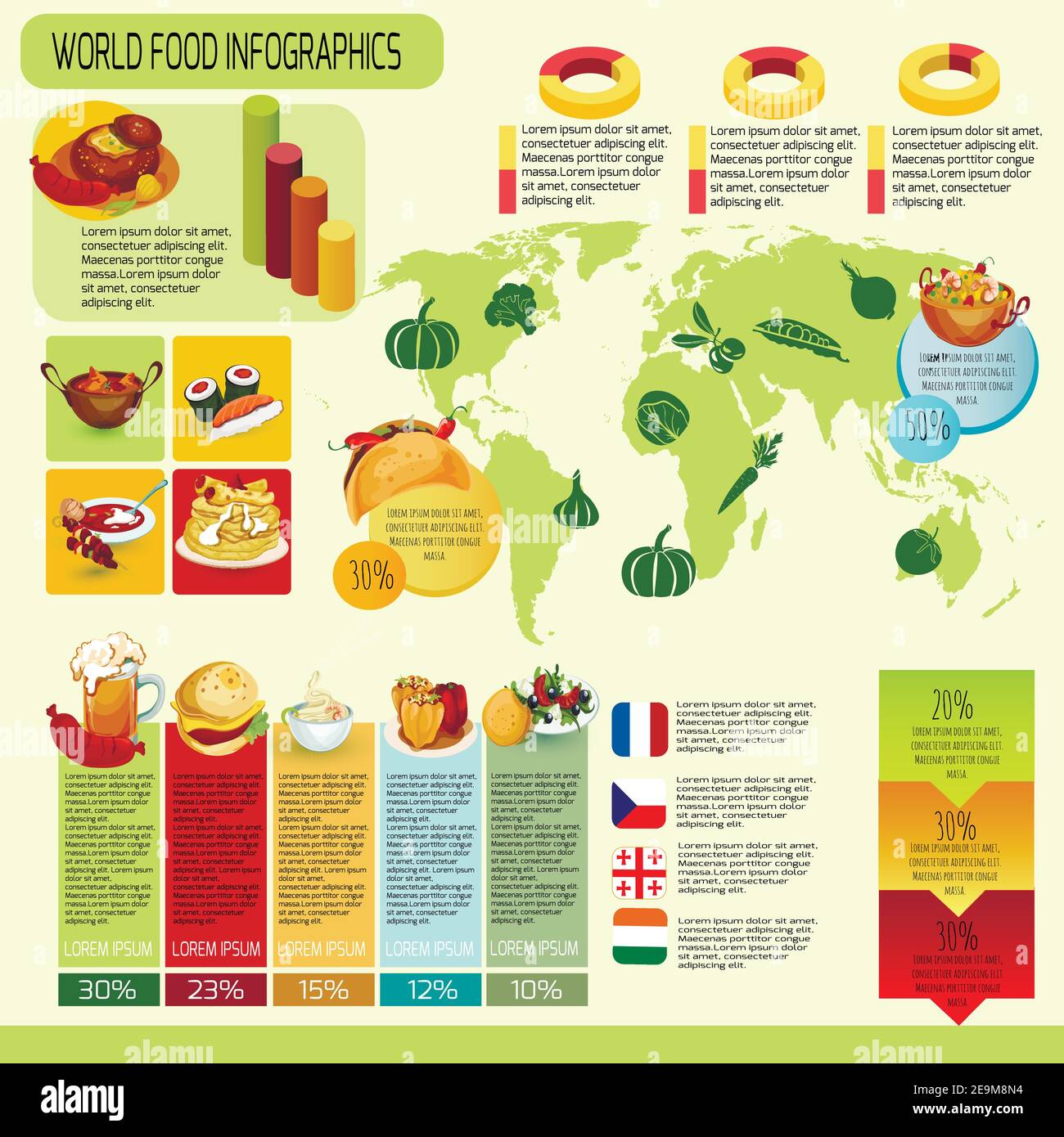 International cuisine infographics with world map food symbols and charts vector illustration