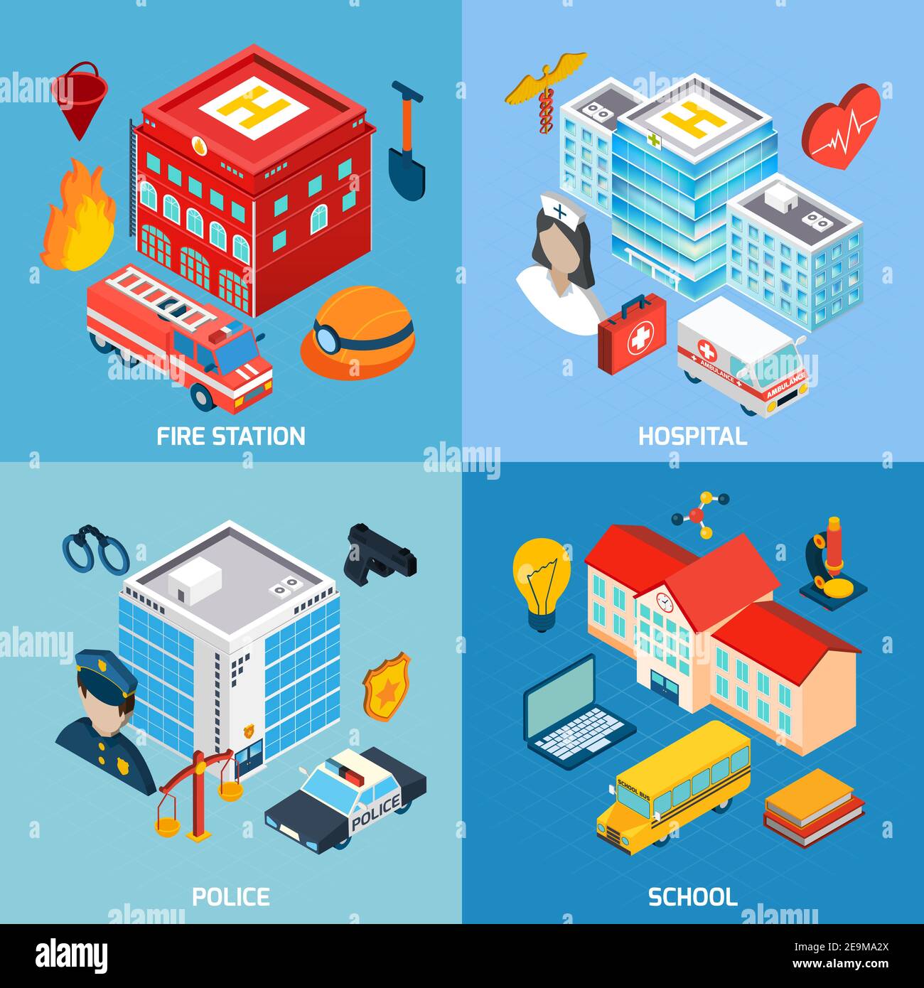 Municipal buildings design concept set with fire station hospital police and school isometric icons isolated vector illustration Stock Vector