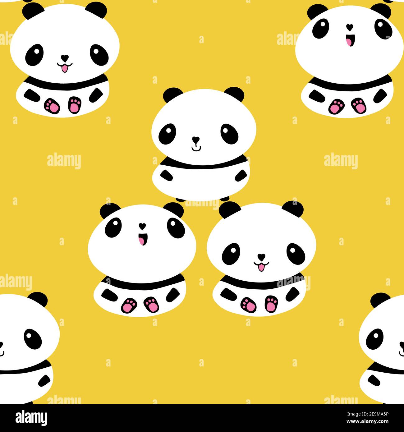 Kawaii vector panda seamless pattern pattern background. Trio of cute black and white sitting cartoon bears on yellow backdrop. Hand drawn Stock Vector