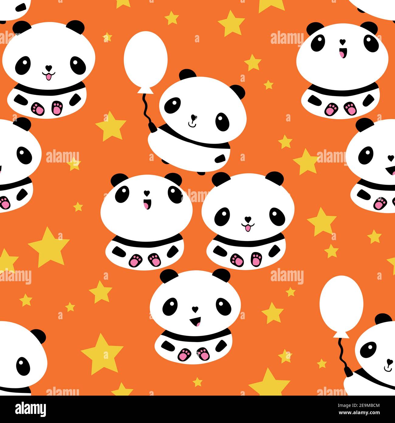 Kawaii vector panda seamless pattern pattern background. Cute black and white sitting cartoon bears with balloons and stars on orange backdrop Stock Vector