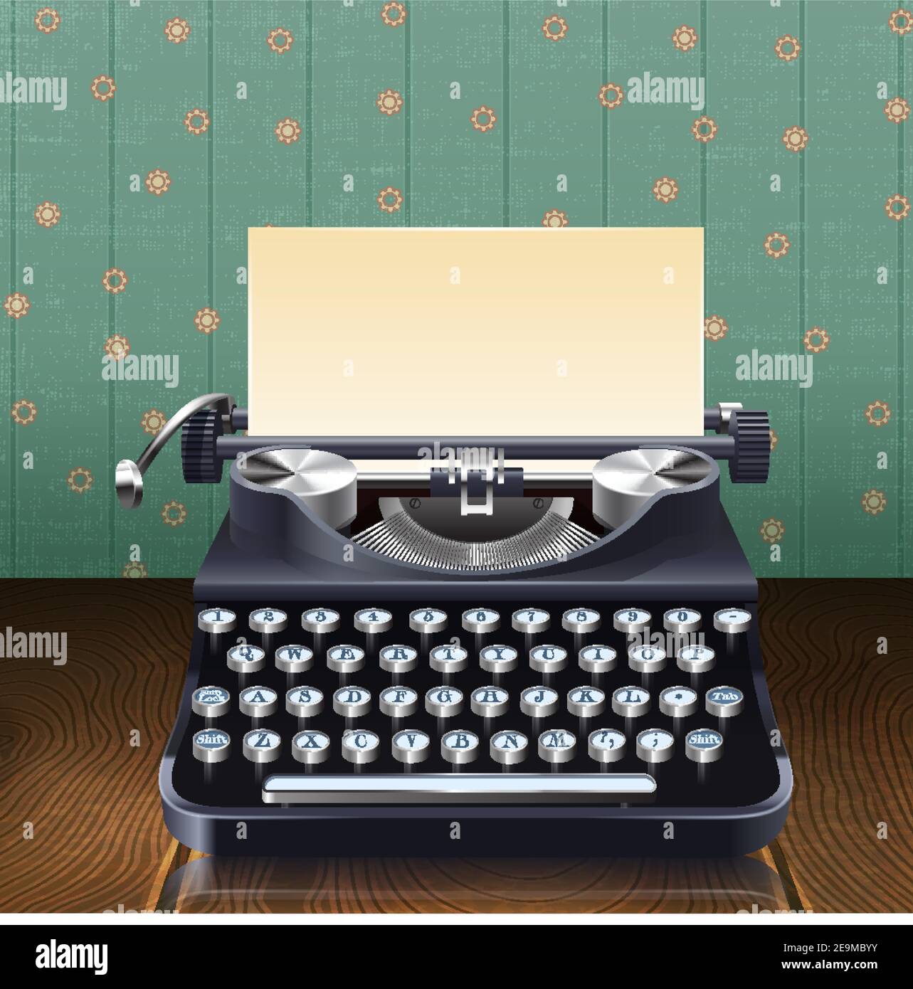 Retro style realistic typewriter with paper sheet on wooden desk with wallpaper background vector illustration Stock Vector