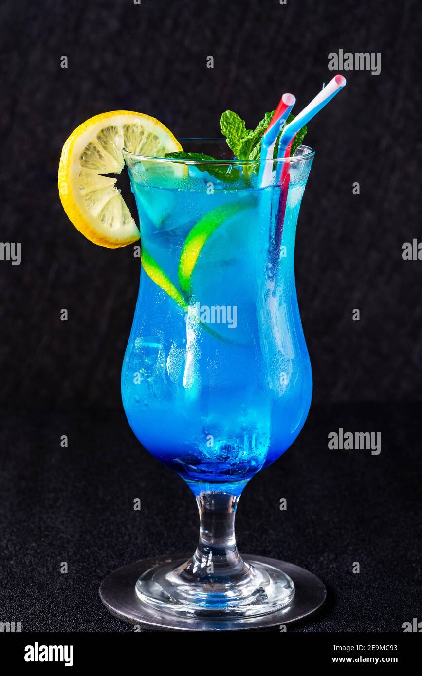 Blue Lagoon cocktail of blue curacao syrup mixed with vodka and