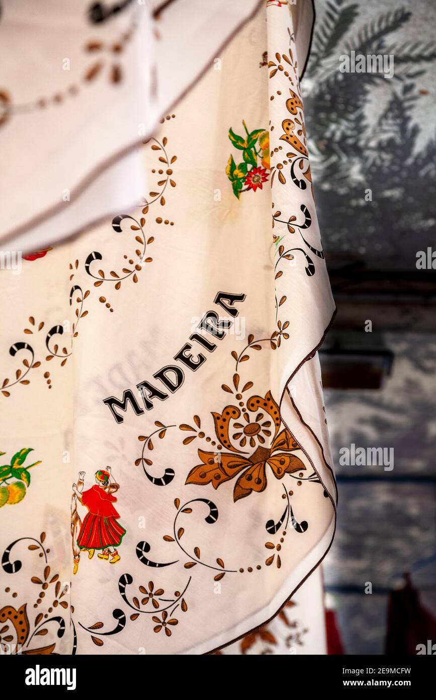 Embroidered cloth at Funchal market, Madeira, Portugal Stock Photo Alamy