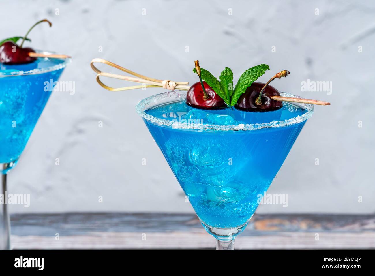 Blue Lagoon cocktails of blue curacao syrup mixed with vodka and