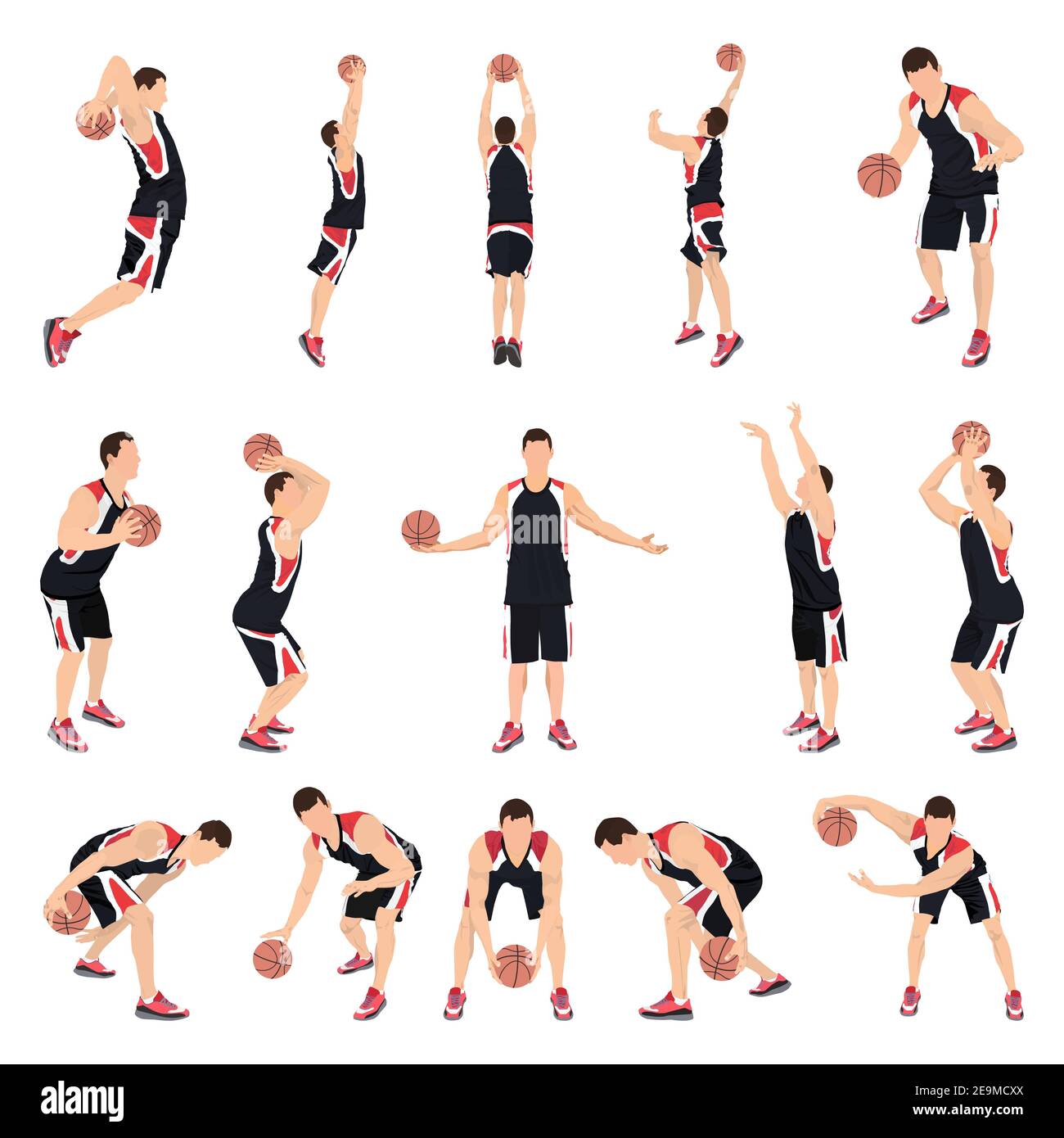 Basketball players, vector illustration. Crossover dribbling, bouncing, passing, shooting ball, free throw, slam dunk. Stock Vector