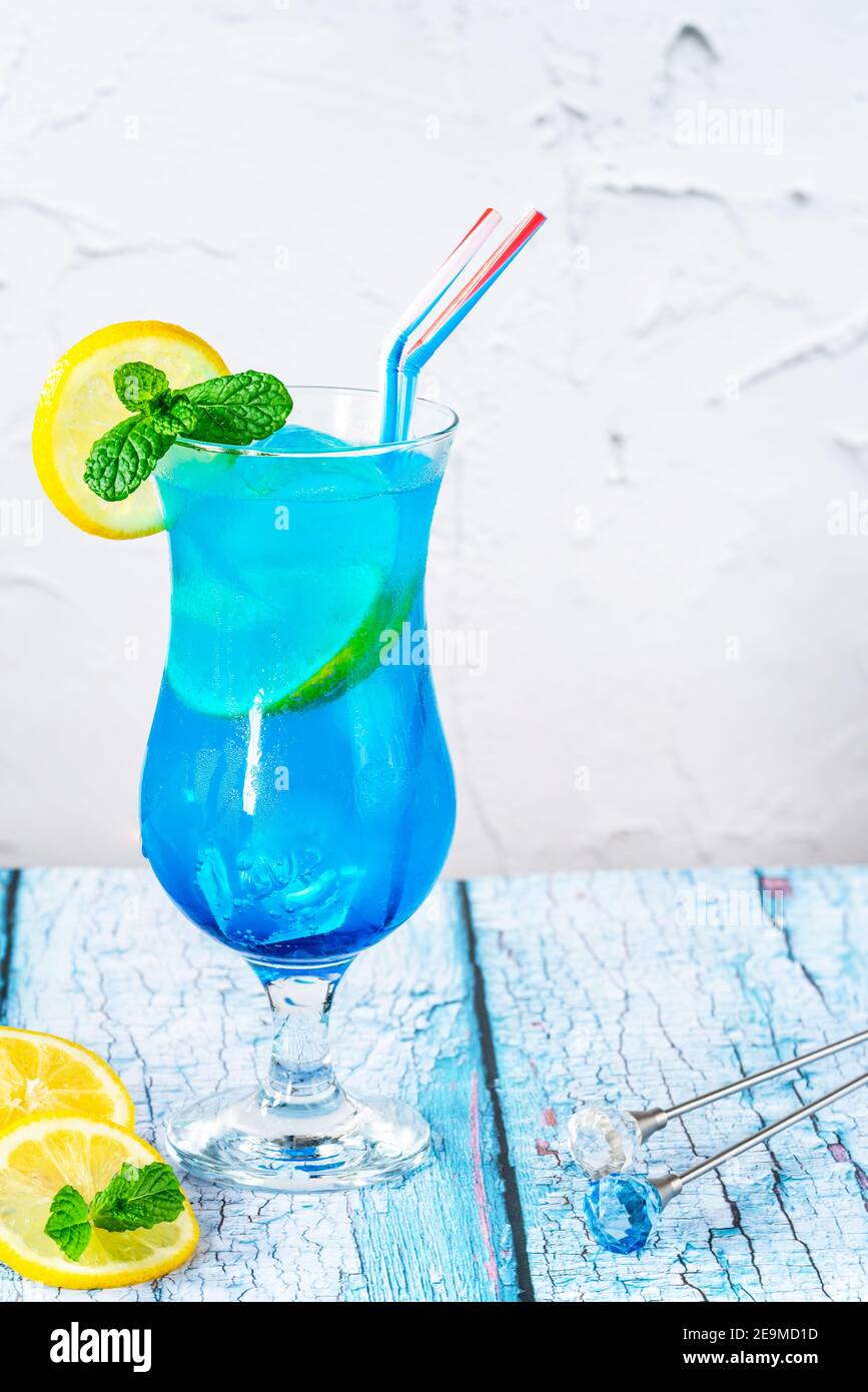 Blue Lagoon cocktail of blue curacao syrup mixed with vodka and
