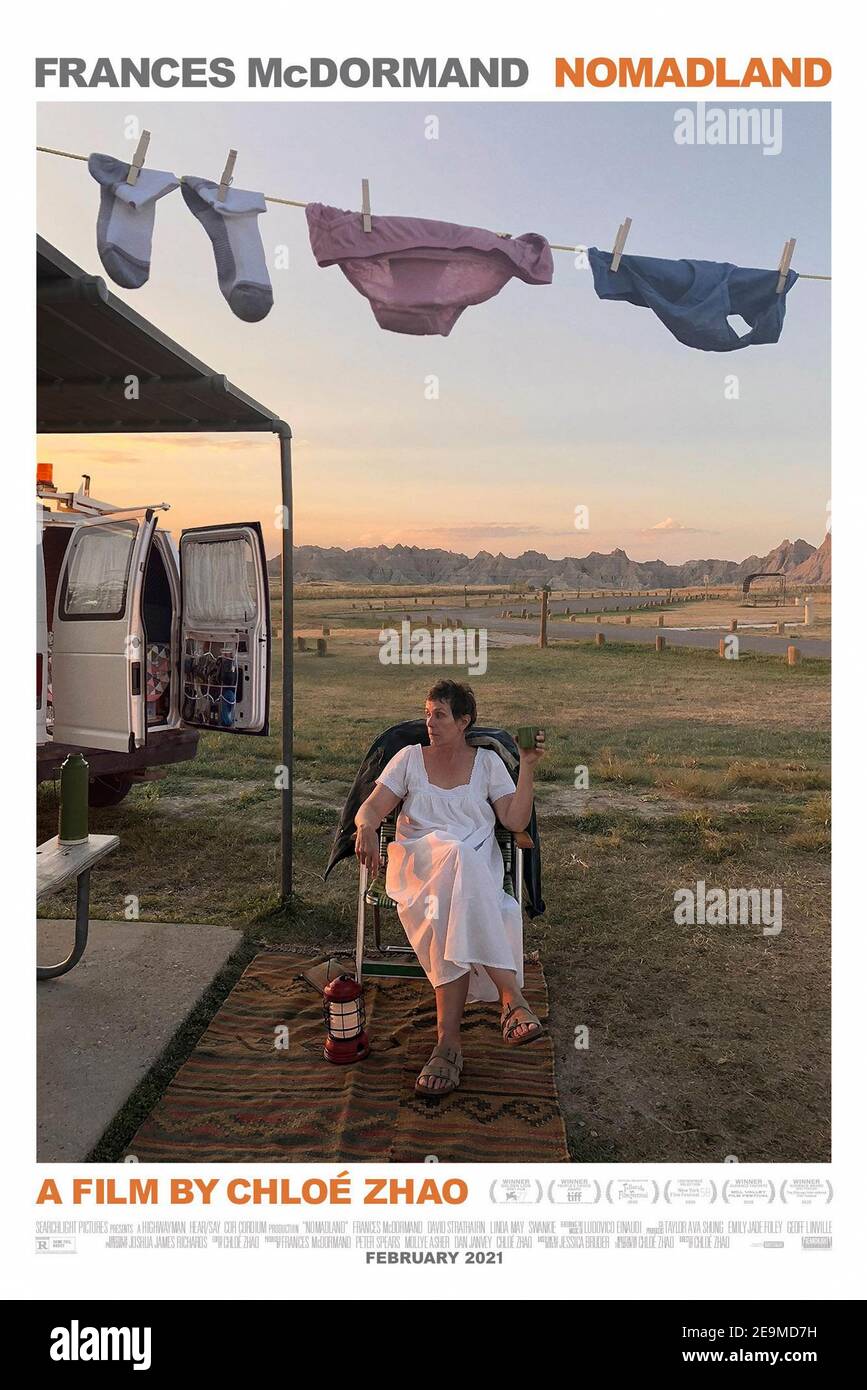 Nomadland (2020) directed by Chloé Zhao and starring Frances McDormand, David Strathairn and Linda May. After losing everything in the Great Recession, a woman embarks on a journey through the American West, living as a van-dwelling modern-day nomad. Stock Photo