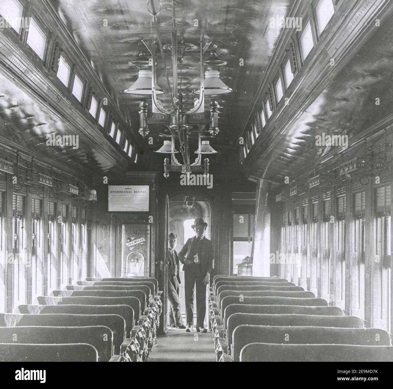 2 young lads stand in the entrance to a Pullman car on the Intercolonial Railroad in Canada around 1880 Stock Photo
