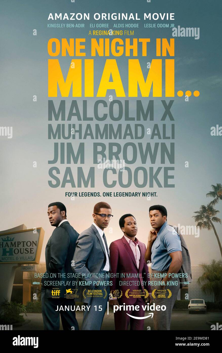 One Night in Miami (2020) directed by Regina King and starring Kingsley Ben-Adir, Eli Goree and Aldis Hodge. A fictional account of one incredible night where icons Muhammad Ali, Malcolm X, Sam Cooke, and Jim Brown gathered discussing their roles in the Civil Rights Movement and cultural upheaval of the 60s. Stock Photo