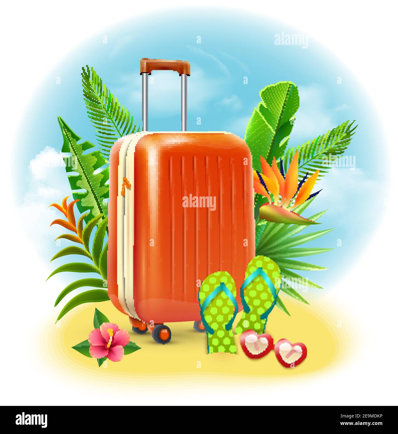 Summer beach vacation design with travel suitcase slippers and glasses ...