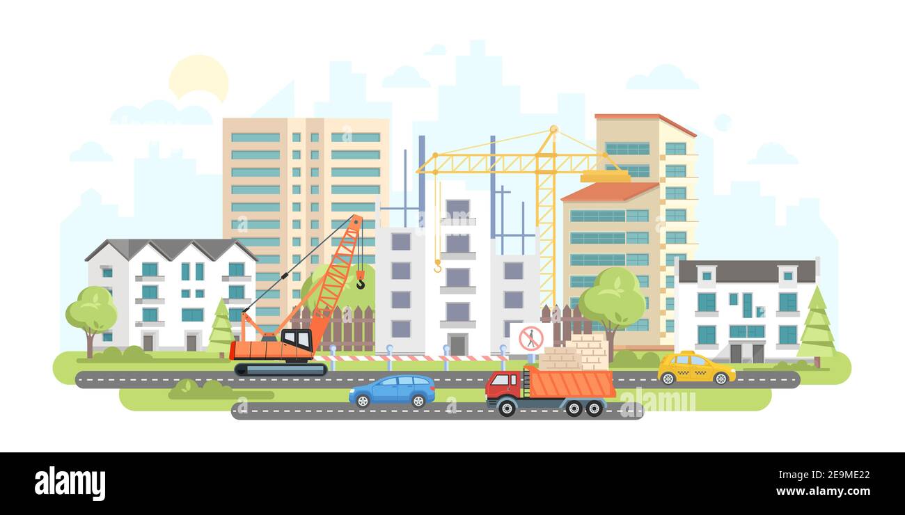 Housing complex under construction - colorful flat design style ...
