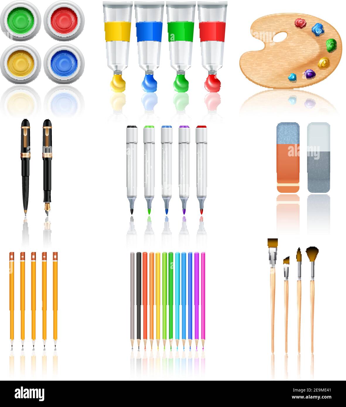 https://c8.alamy.com/comp/2E9ME41/drawing-and-painting-tools-with-realistic-color-palette-pencils-and-brushes-isolated-vector-illustration-2E9ME41.jpg