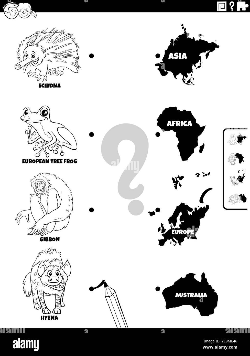 Black and white cartoon illustration of educational matching task for children with animal species characters and continents coloring book page Stock Vector