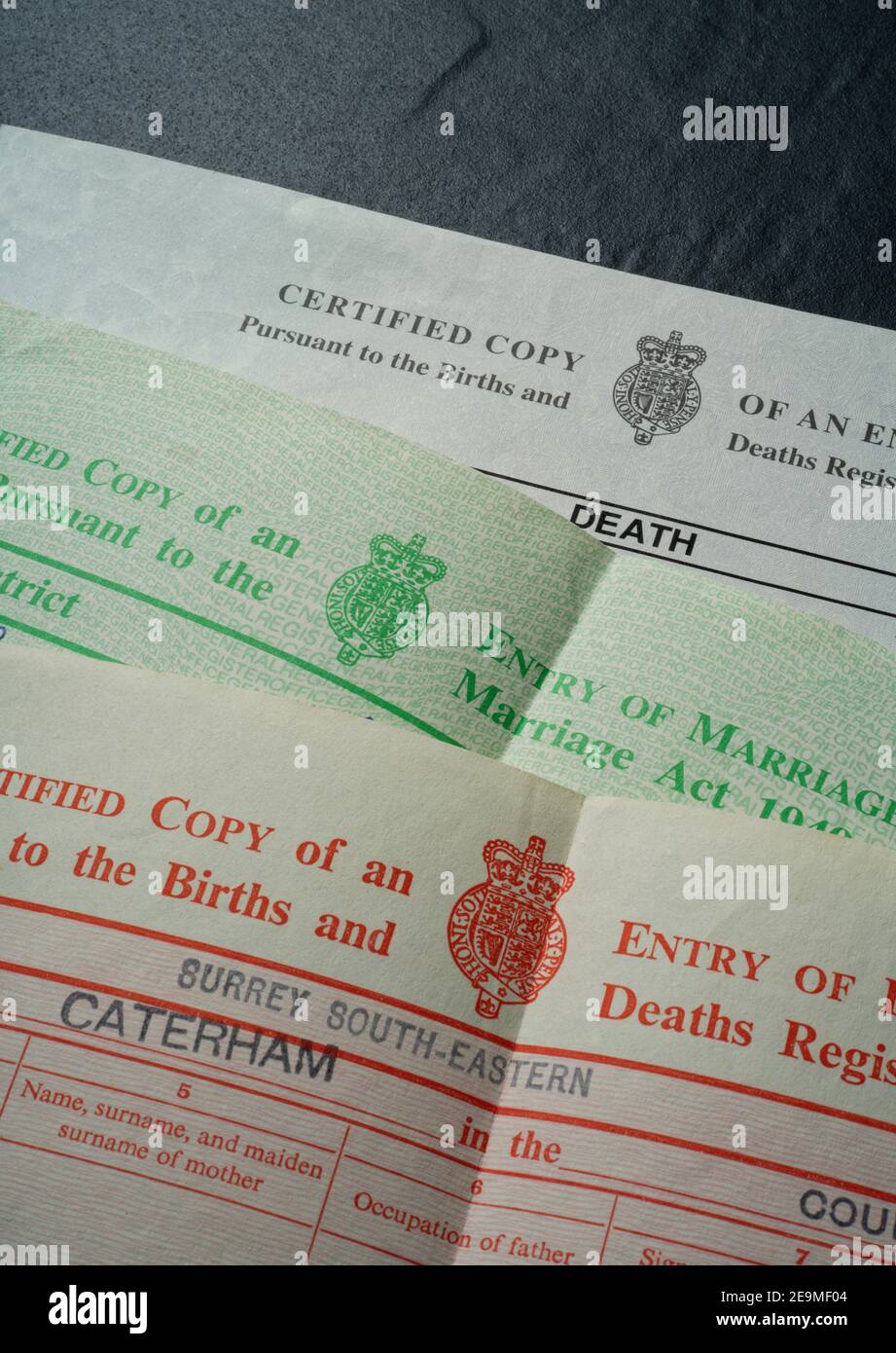 Birth, Marriage and Death certificates together. Official registration documents. Hatches, matches and dispatches. Stock Photo