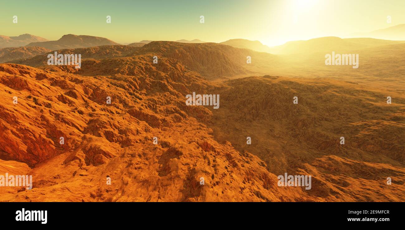 Sunset on Mars. Martian landscape. 3D rendering Stock Photo