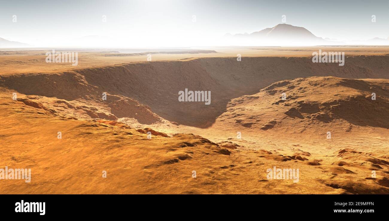 Impact craters on Mars. Sunset on Mars. Martian landscape. 3D illustration Stock Photo