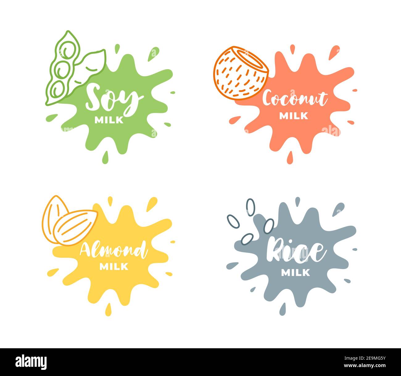Soy, almond, coconut and rice milk logotype set in splash form with drops. Packaging badge design element set. Hand drawn healthy vegan drinks labels. Isolated logo collection vector eps illustration Stock Vector