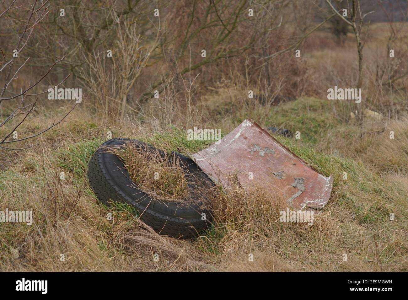 Bakonykoppany, Hungary - Febr 03, 2021: truck tyre thrown away in the nature. An illegal garbage dump in the nature at the side of Bakonykoppany Villa Stock Photo