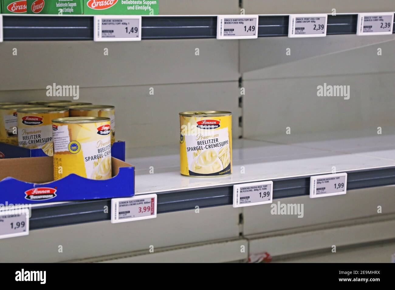 Empty canned food shelf in a supermarket in Germany (Mannheim, Germany, March 14, 2020) Stock Photo