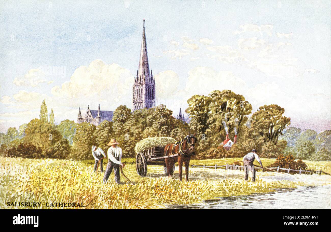 A coloured postcard of Salisbury Cathedral UK dating from the 1920s. Stock Photo