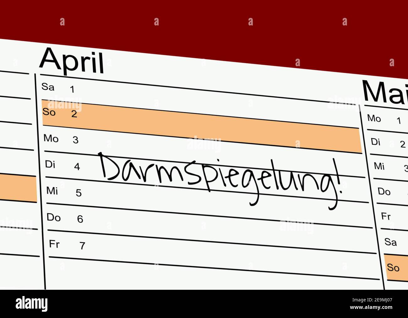 Symbol image: Reminder of a colonoscopy in an appointment calendar (German) Stock Photo