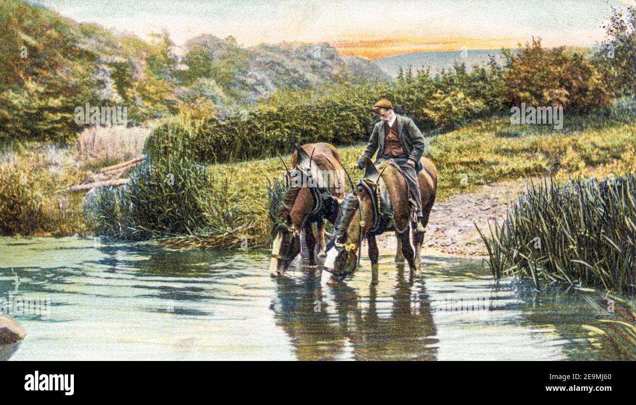 Watering the Horses in the Rural Life series of postcards produced by Raphael Tuck in the early 20th century. Stock Photo