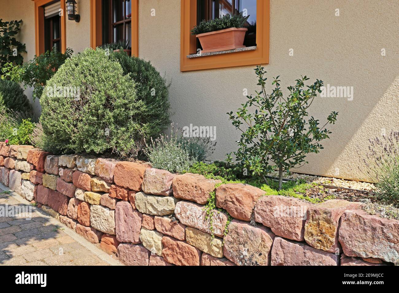 Front garden with beautiful Mediterranean style dry stone wall Stock
