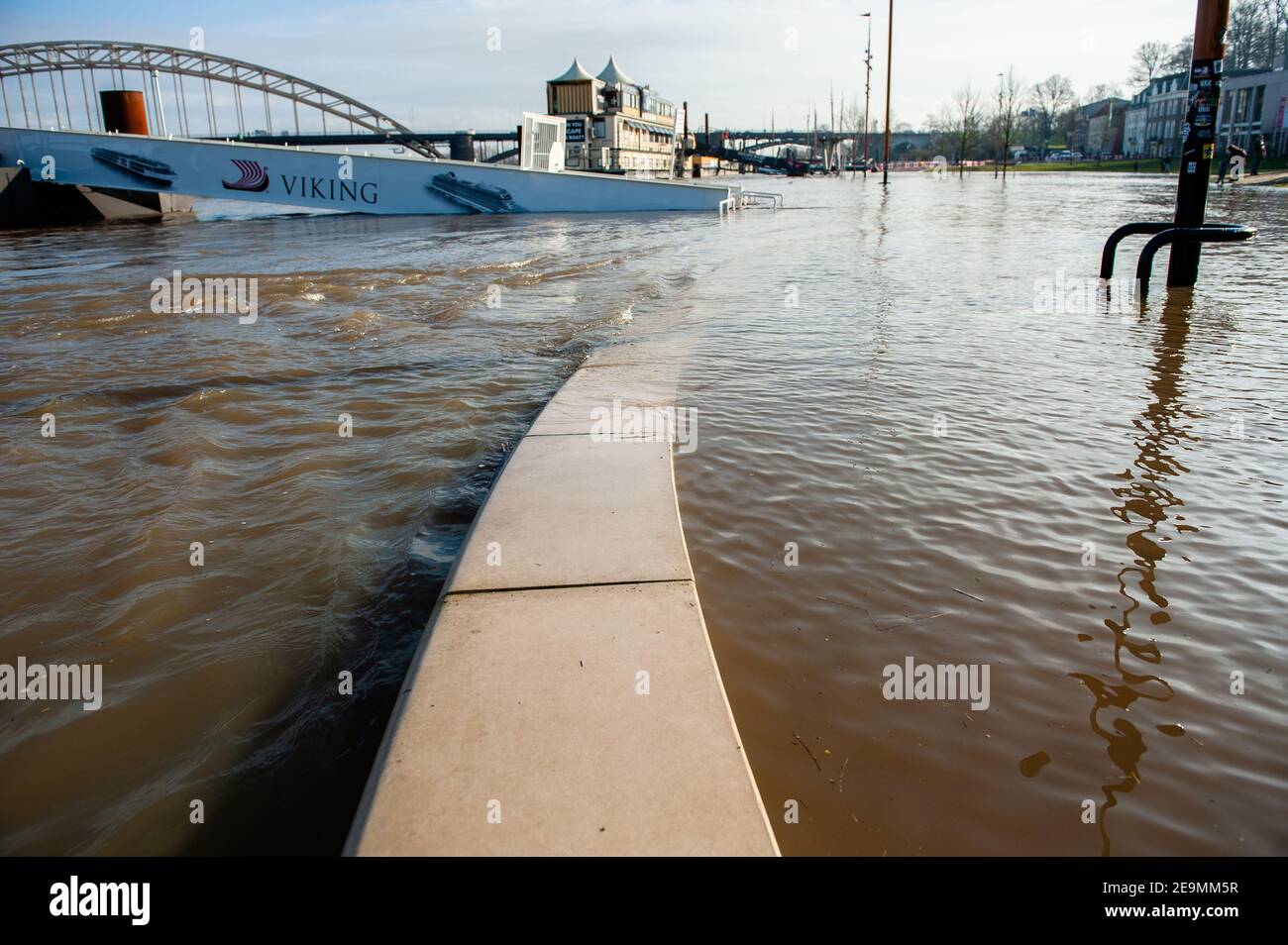 Parts of the port seen underwater.Because of the very heavy rains in  Germany flood plains along the banks of the Rhine and other major rivers  are right now underwater. Nijmegen is one