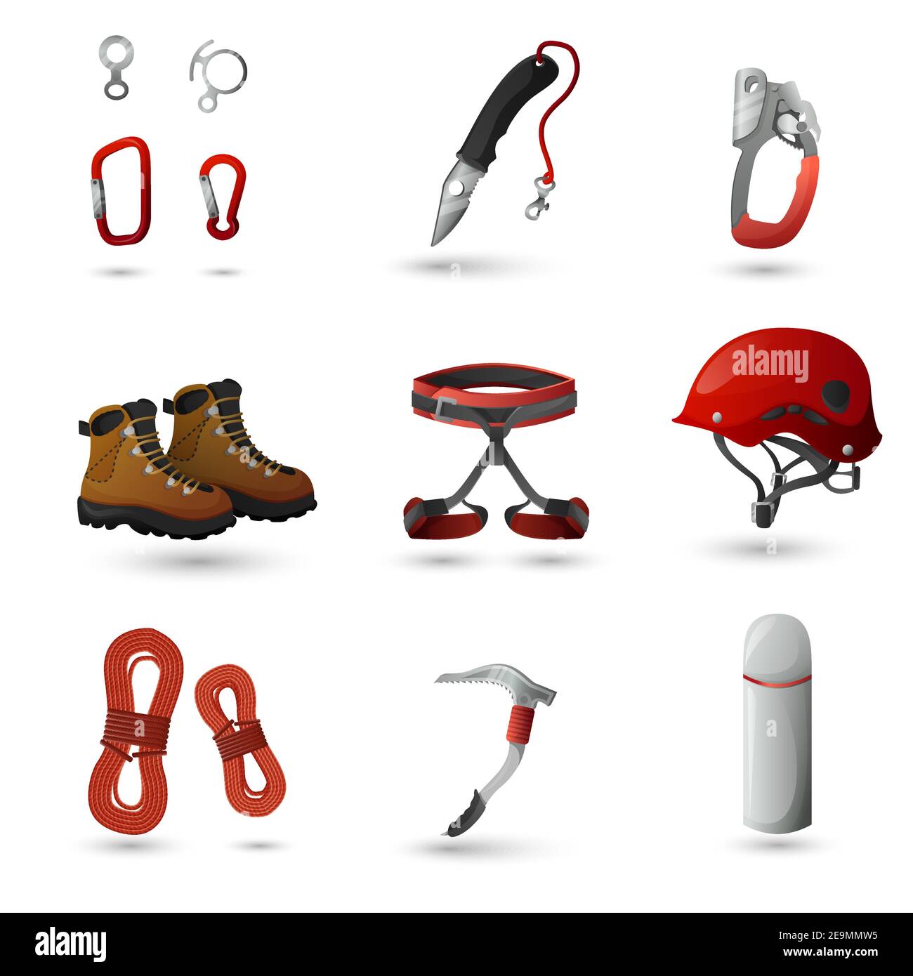 Mountain climbing equipment tools and accessories icons set with ice axe and harness abstract isolated vector illustration Stock Vector