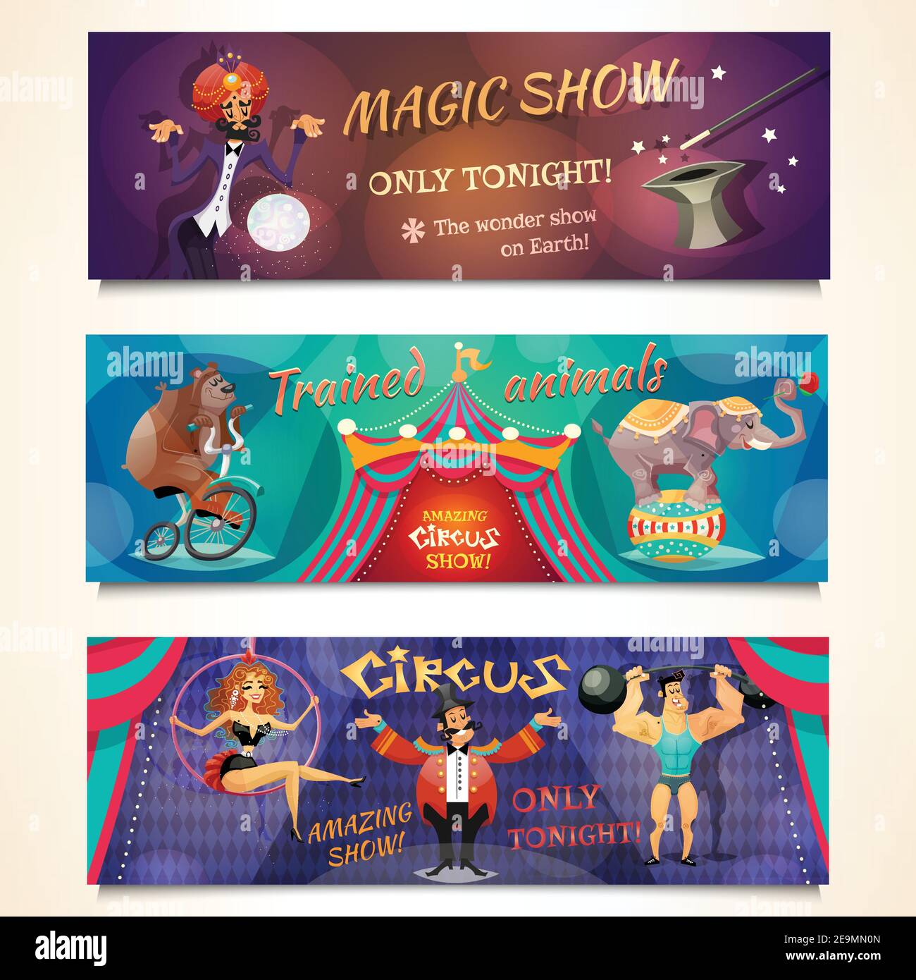 Circus horizontal banner set with magic show and animals alvertising ...