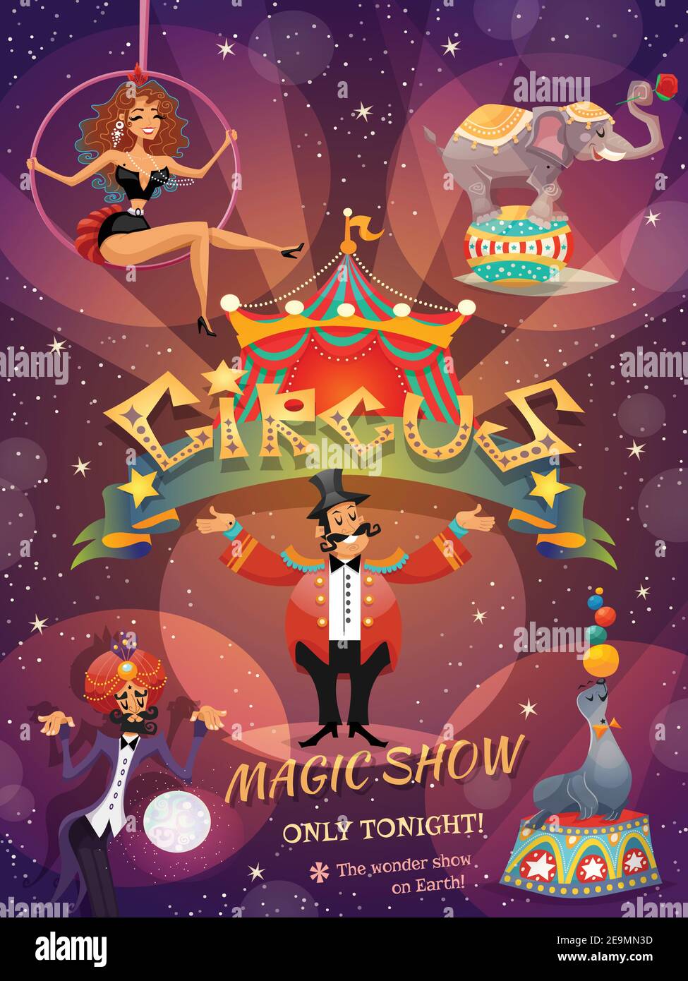 Circus show poster with acrobat animals and magician vector illustration Stock Vector