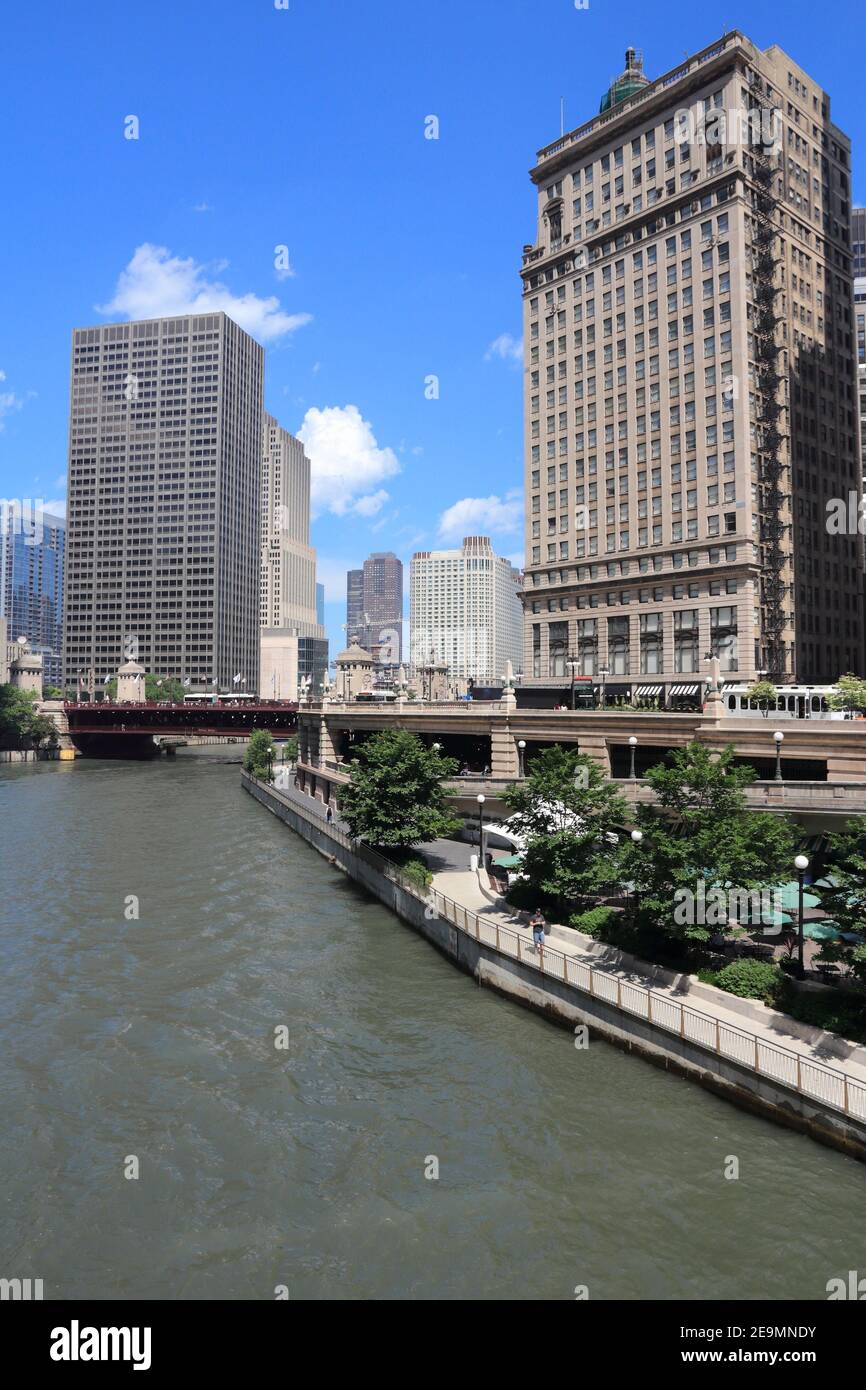 Chicago River skyline - city view of The Loop. Stock Photo