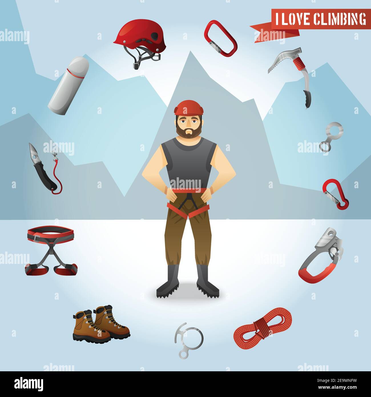 Mountain climber cartoon character with alpinist tools and accessories circle against mountains background poster absrtact vector illustration Stock Vector
