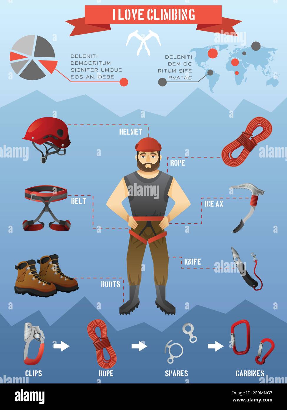 Rock climbing equipment gear and supply for alpinist infographic poster with mountains peaks background abstract vector illustration Stock Vector