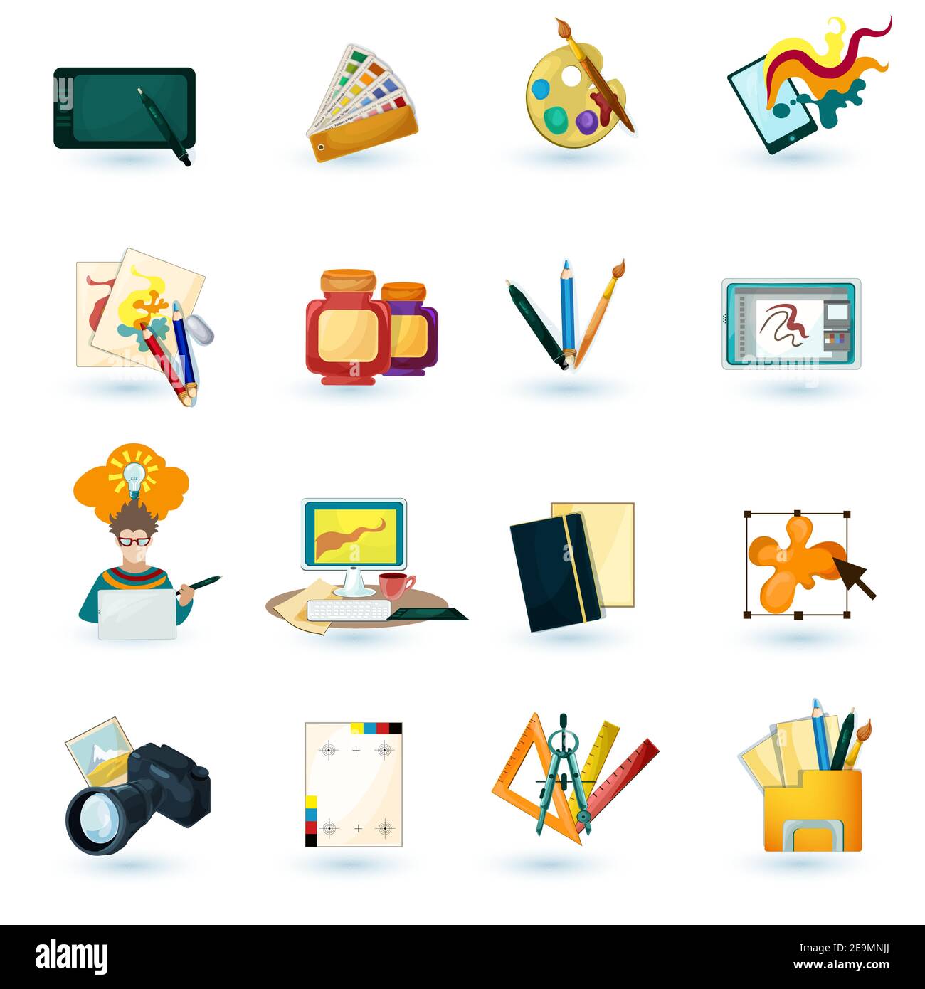 Graphic designer decorative icons set with tablet paint palette