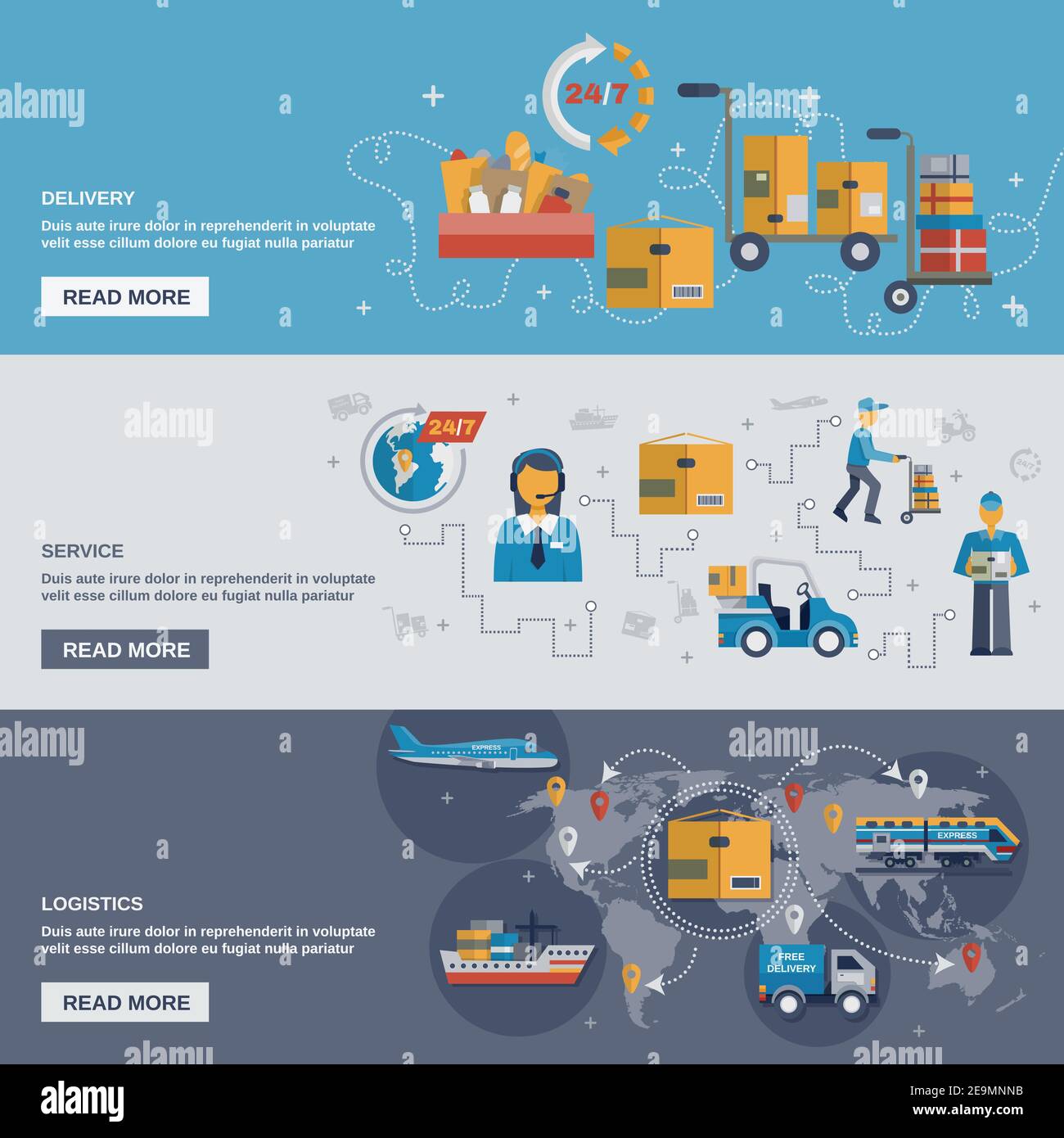 Delivery horizontal banner set with service and logistics flat elements ...