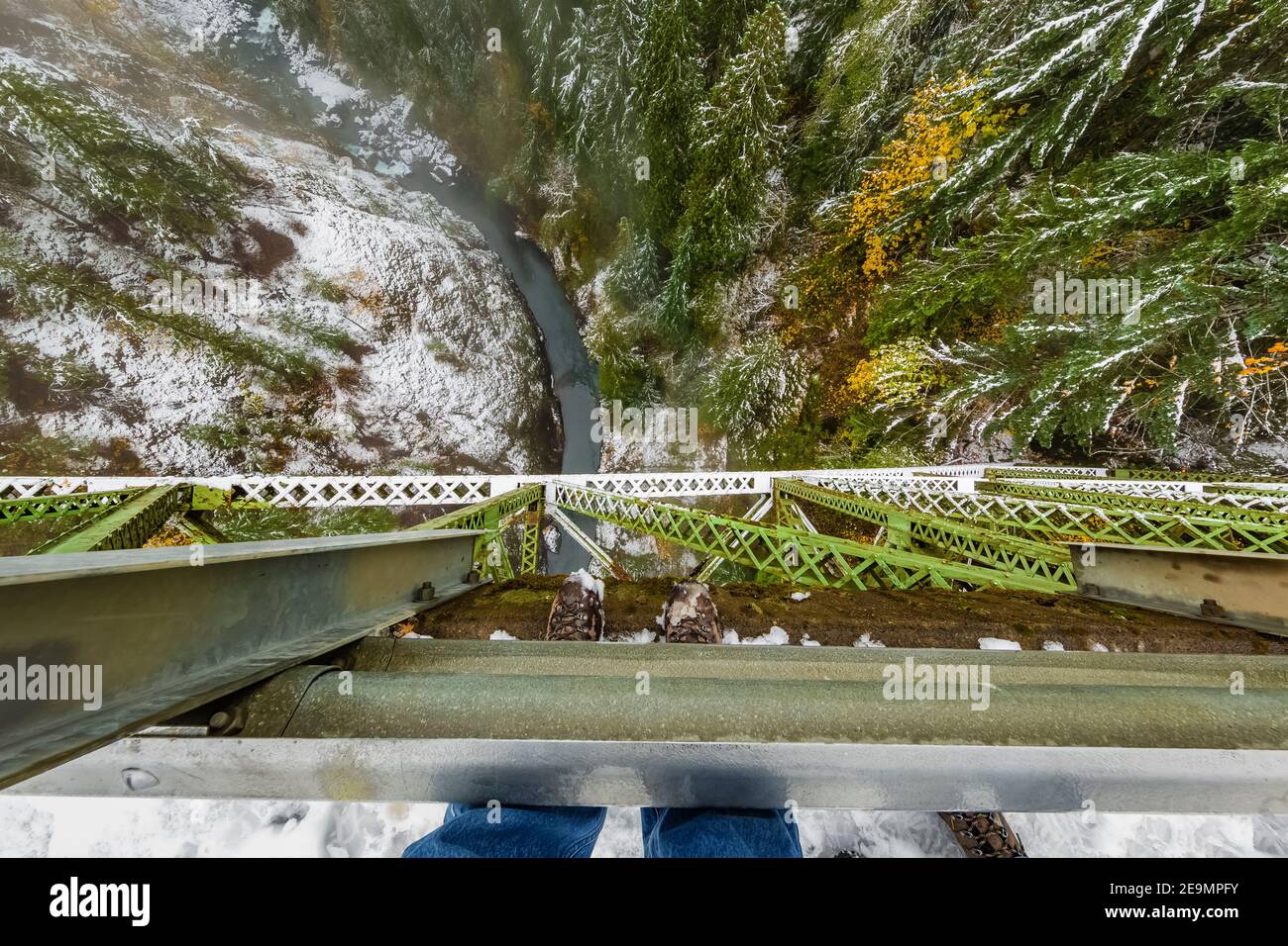 View down from High Steel Bridge, once a logging railroad bridge and now a road bridge crossing the South Fork Skokomish River, Olympic National Fores Stock Photo